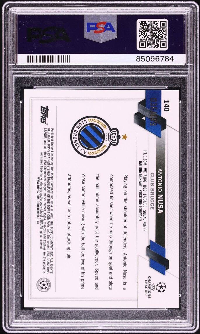 2022 Topps Chrome UEFA Club Competitions Aqua Wave Antonio Nusa ROOKIE /199 #140 PSA 10 GEM