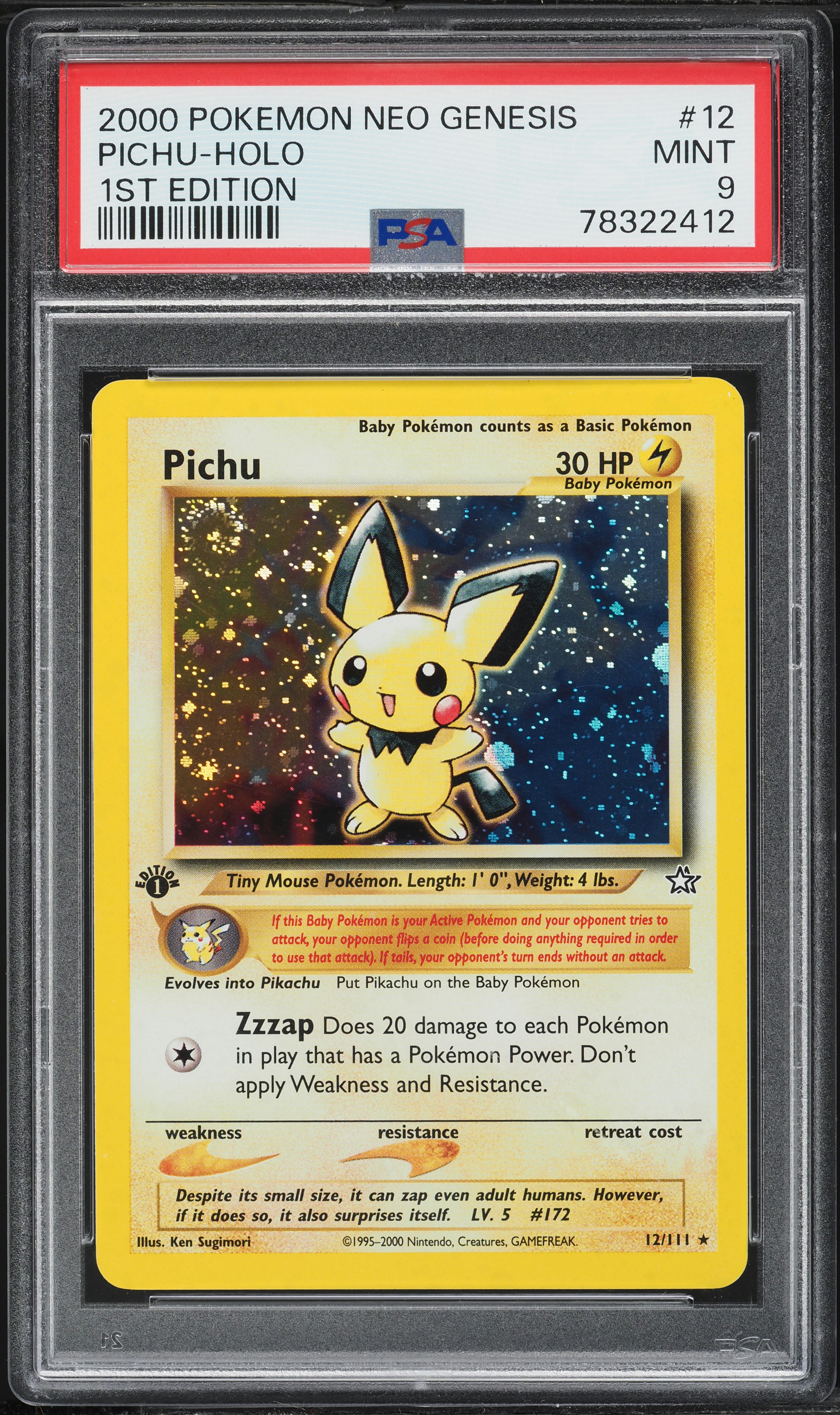 2000 Pokemon Neo Genesis 1st Edition Holo Pichu #12 PSA 9 MINT on