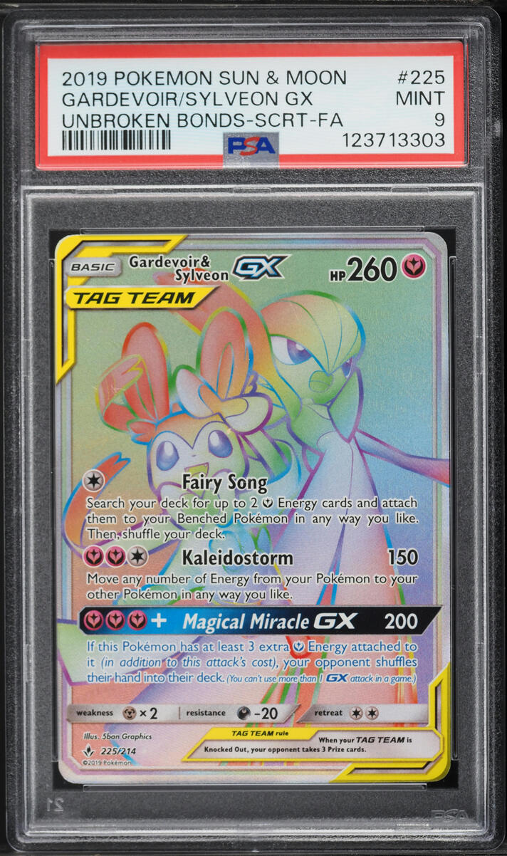 2019 Pokemon Sun & Moon Unbroken Bonds Rainbow Rare Gardevoir & Sylveon GX #225 PSA 9 MINT
