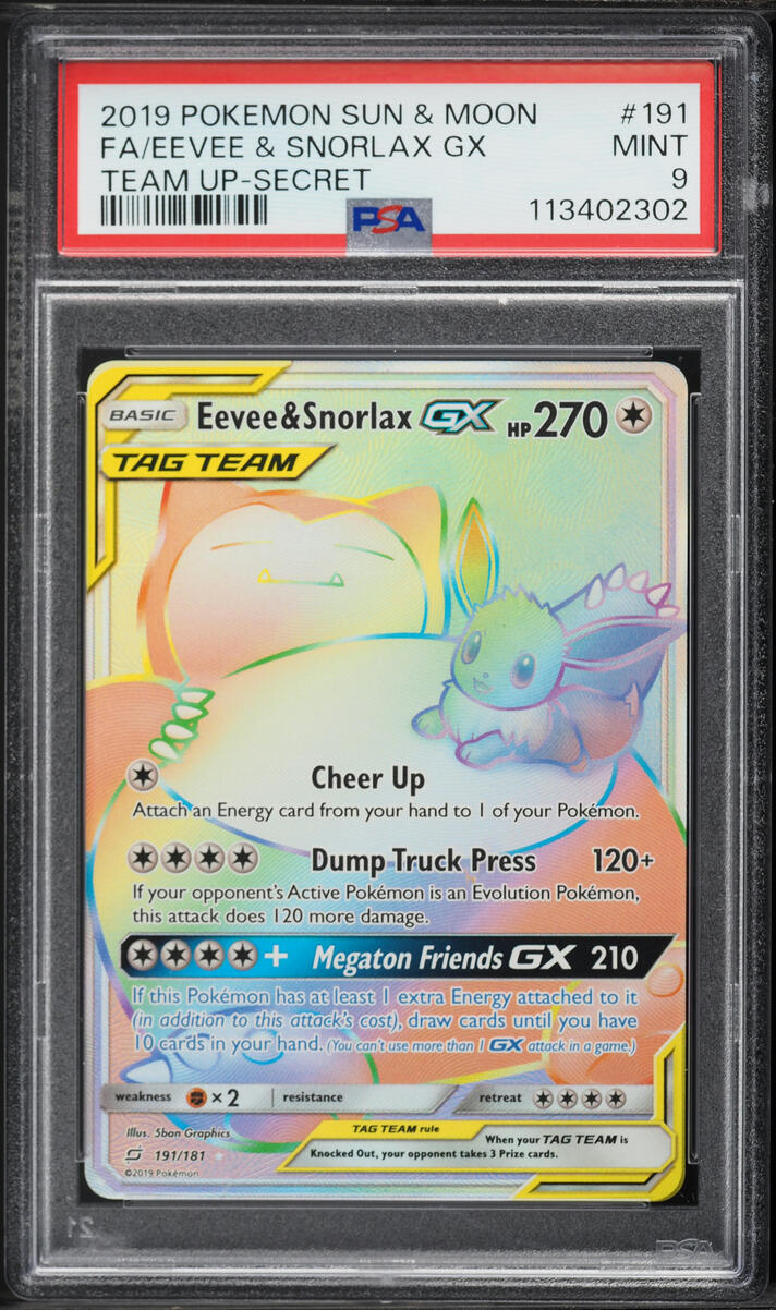 2019 Pokemon Sun & Moon Team Up Rainbow Rare Eevee & Snorlax GX #191 PSA 9 MINT