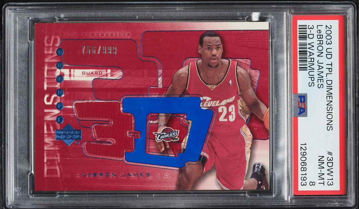 2003 Upper Deck 3-D Warmups LeBron James ROOKIE PATCH /999 #W13 PSA 8 NM-MT