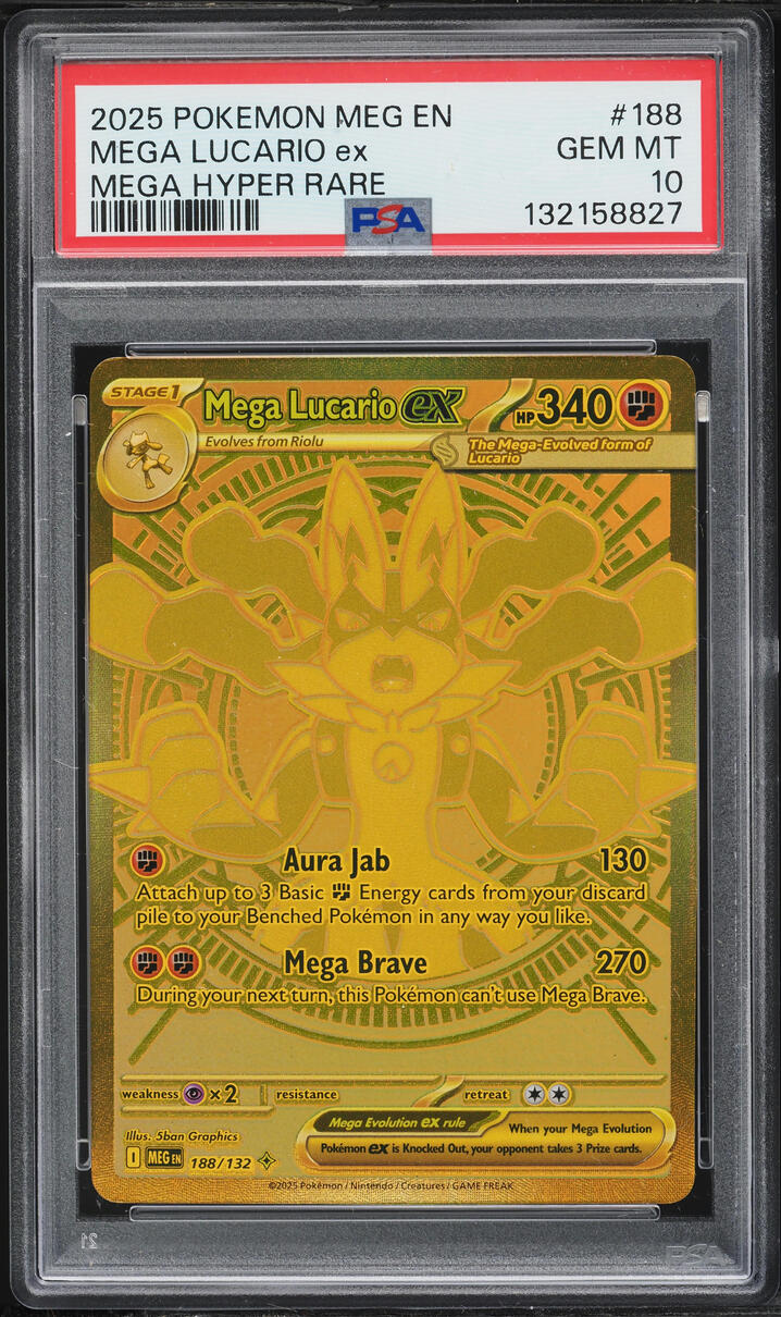 2025 Pokemon Mega Evolution Gold Rare Mega Lucario ex #188 PSA 10 GEM MINT