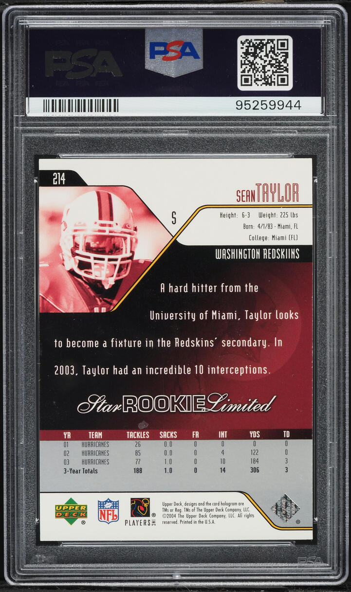2004 Upper Deck Sean Taylor ROOKIE #214 PSA 9 MINT