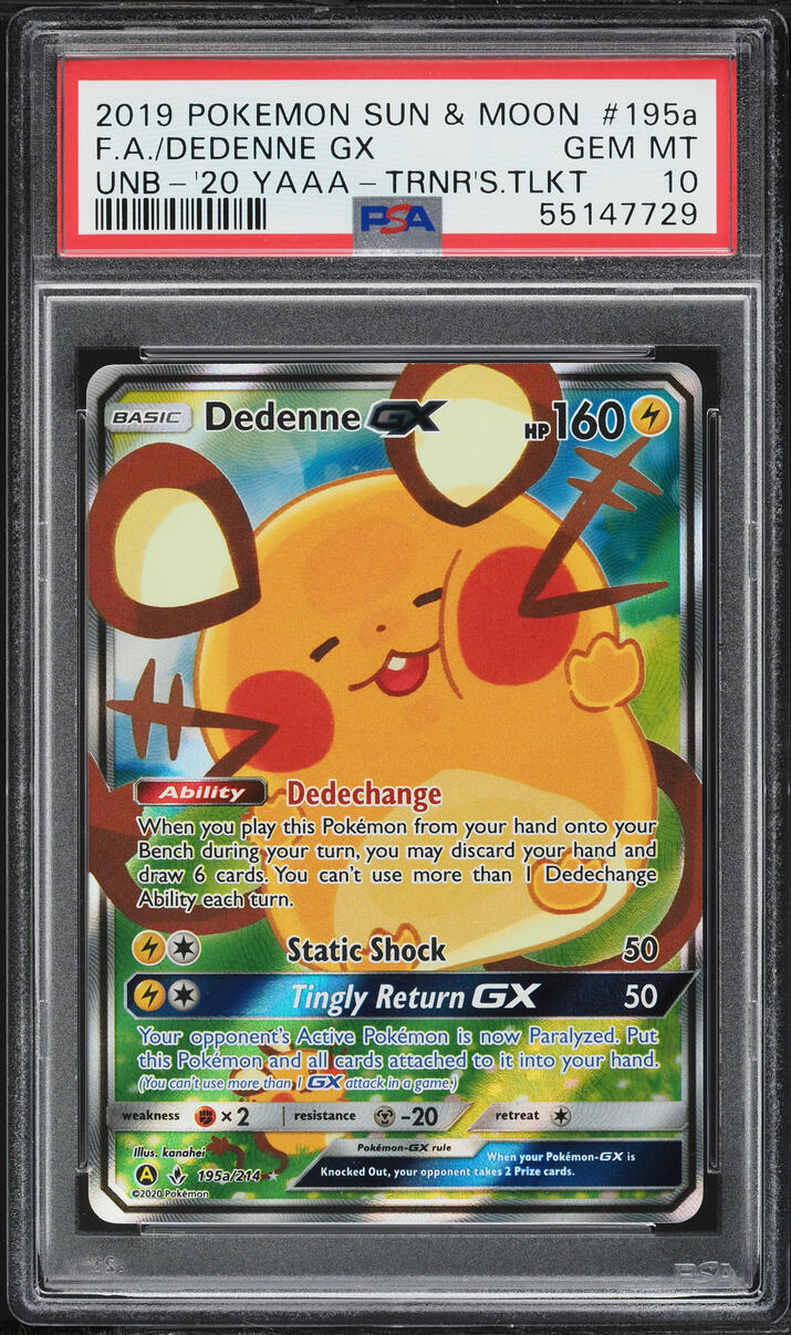 2020 Pokemon SM Unbroken Bonds Trainer's Toolkit Full Art Dedenne GX #195a PSA 10 GEM MINT