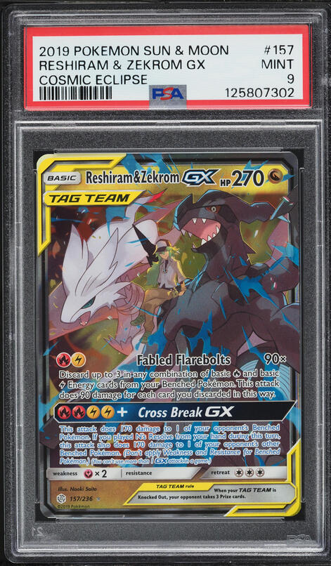 2019 Pokemon Sun & Moon Cosmic Eclipse Full Art Reshiram & Zekrom GX #157 PSA 9 MINT