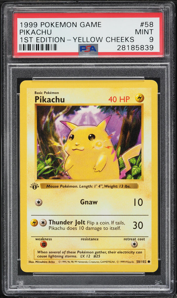 1999 Pokemon Base Set Shadowless 1st Edition Yellow Cheeks Pikachu #58 PSA 9 MINT