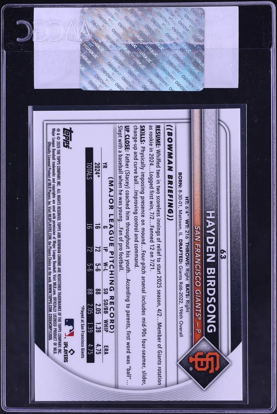2025 Bowman Chrome Sapphire Orange Hayden Birdsong ROOKIE /25 #63 CGC AUTH