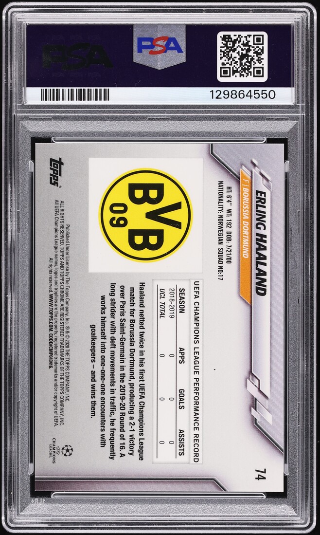 2019 Topps Chrome UEFA Champions League Sapphire Erling Haaland ROOKIE #74 PSA 10 GEM MINT