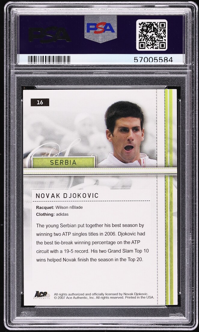 2007 Ace Authentic Straight Sets Novak Djokovic #16 PSA 10 GEM