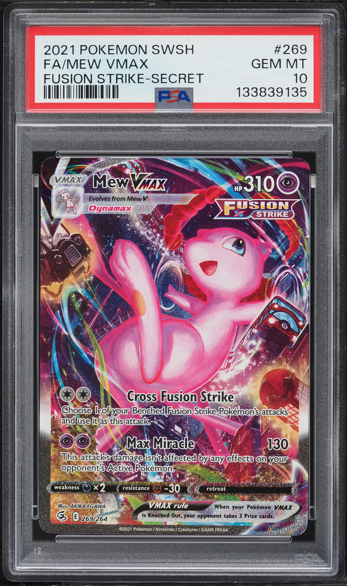 pokemon sword and shield fusion strike rare cards 2021 & Full Art Mew V #251 PSA 10 GEM MINT on Fanatics Collect 108/264 / Holo Rare Card Type / HP / Stage Mew VMAX 2021 Pokemon Fusion