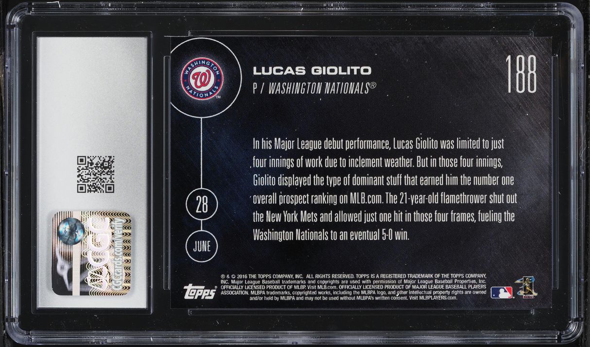 2016 Topps Now Lucas Giolito ROOKIE #188 CGC 10 GEM MINT