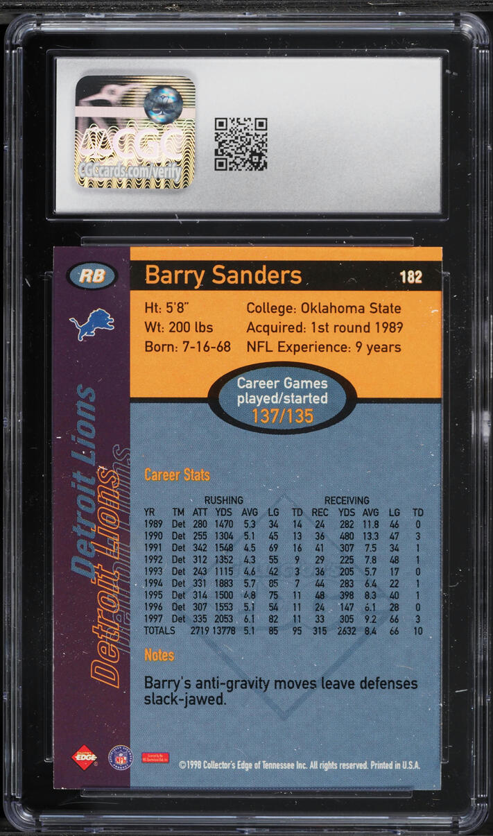 1998 Collector's Edge 1st Place Barry Sanders #182 CGC 8 NM-MT