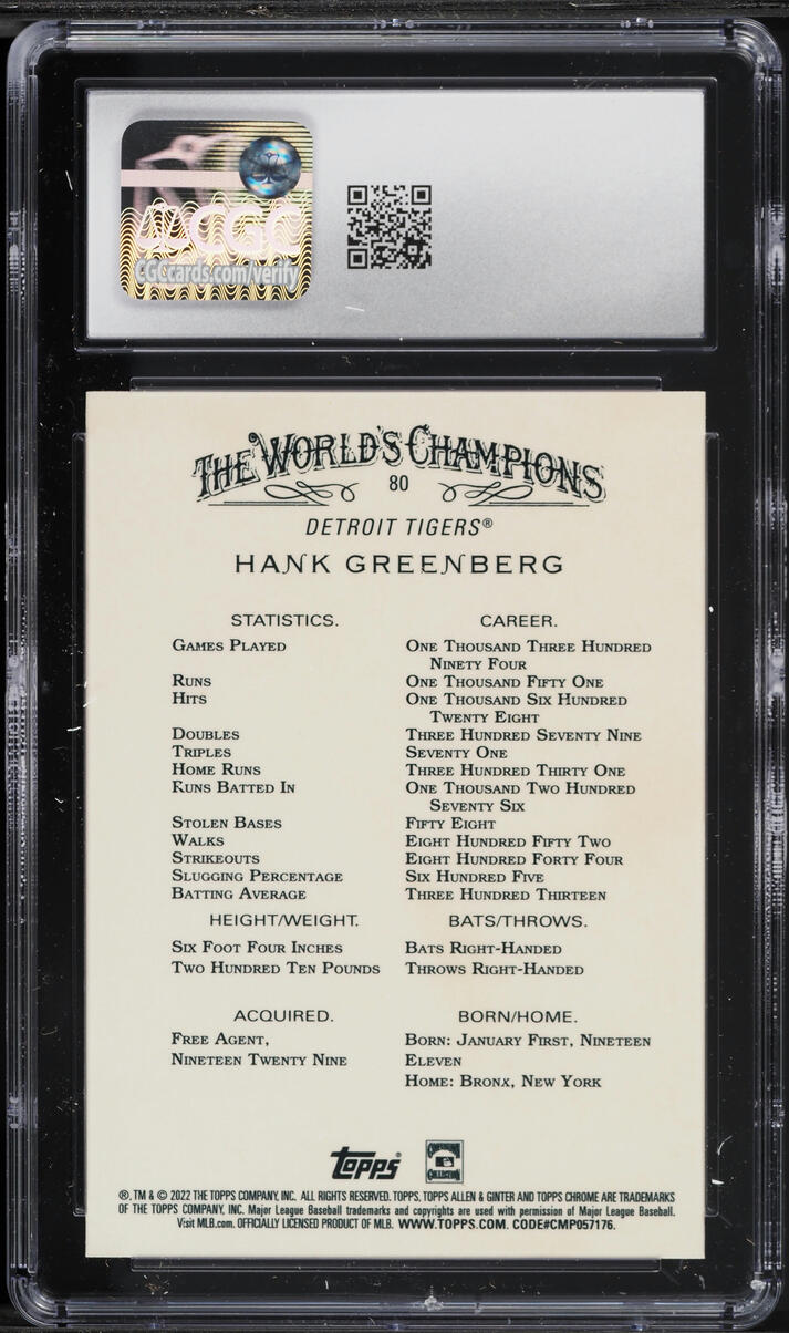 2022 Topps Chrome Allen & Ginter Hank Greenberg #80 CGC 8 NM-MT