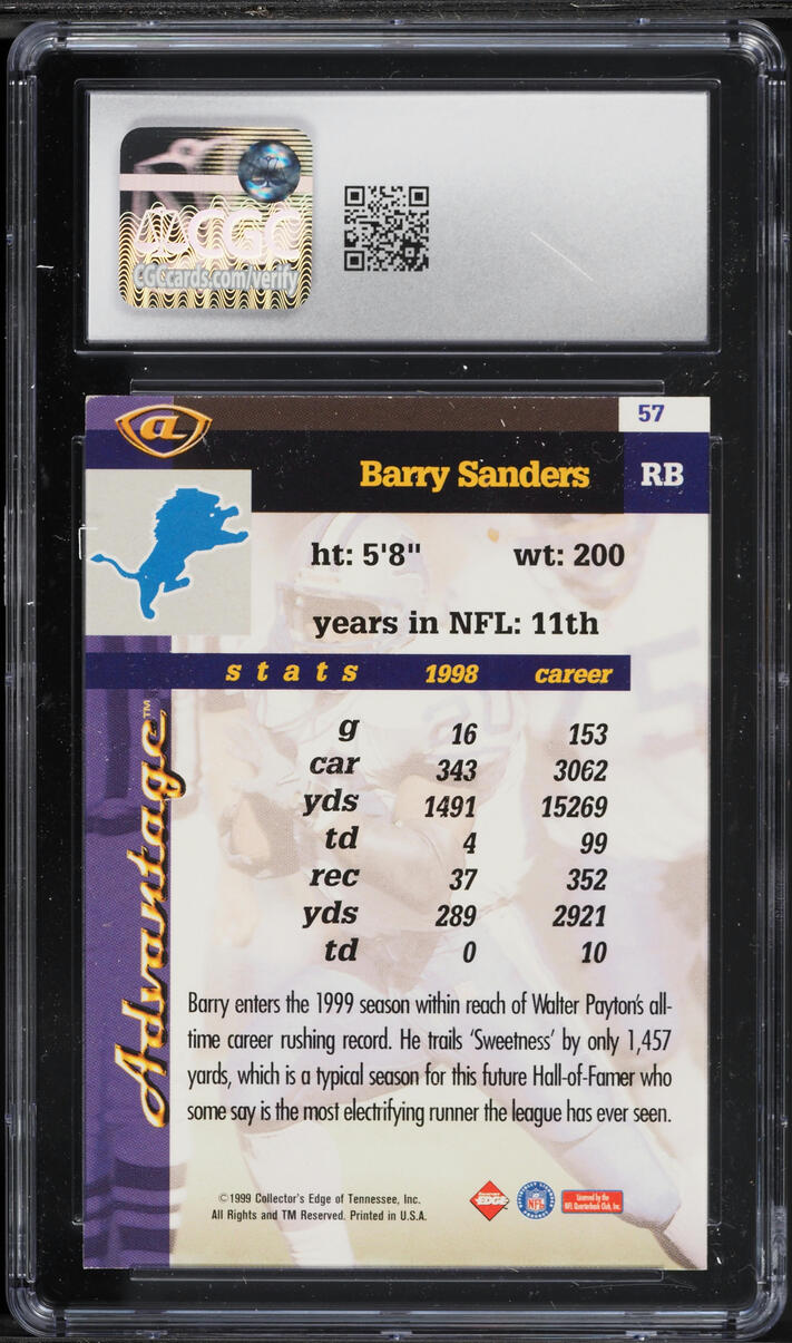 1999 Collector's Edge Advantage Gold Ingot Barry Sanders #57 CGC 7 NRMT