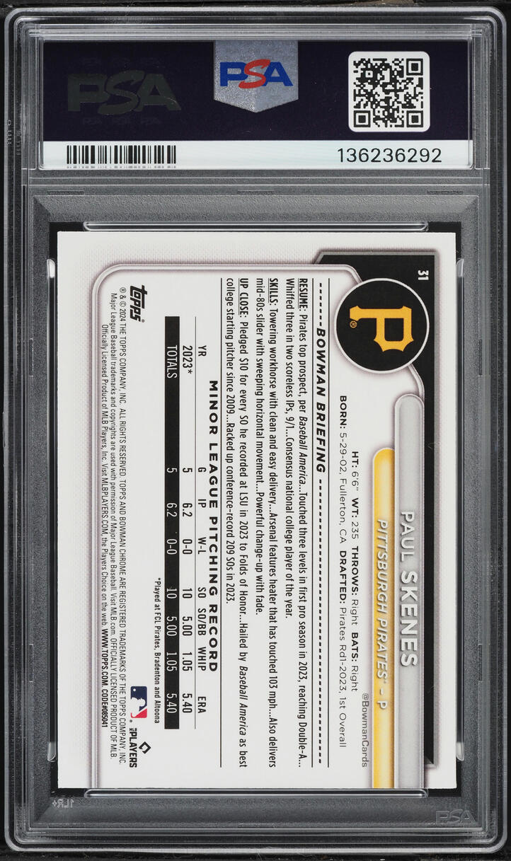 2024 Bowman Chrome Aqua Raywave Paul Skenes ROOKIE /199 #31 PSA 9 MINT
