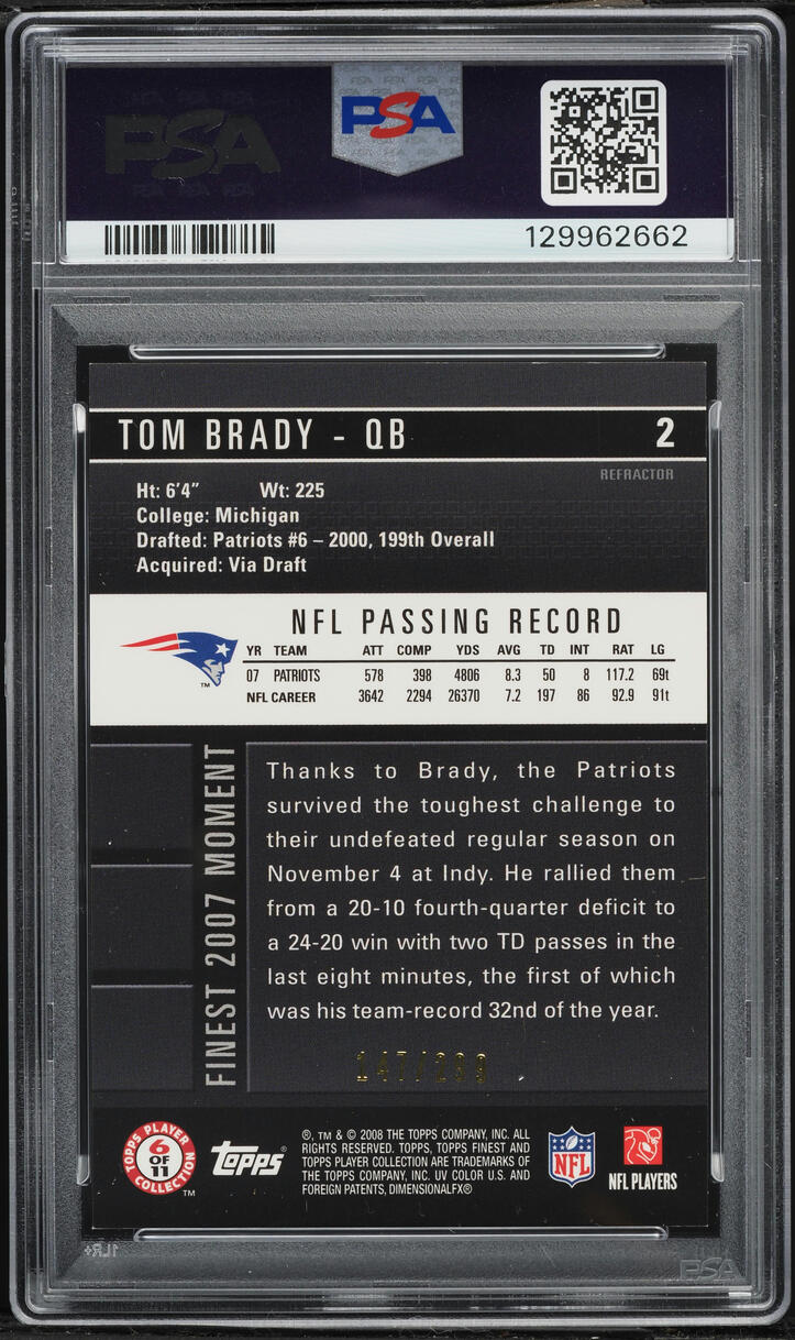 2008 Finest Green Refractor Tom Brady /299 #2 PSA 8 NM-MT