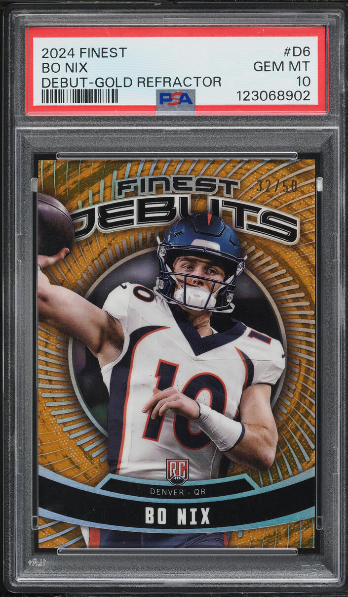 2024 Finest Debut Gold Refractor Bo Nix ROOKIE /50 #D6 PSA 10 GEM MINT