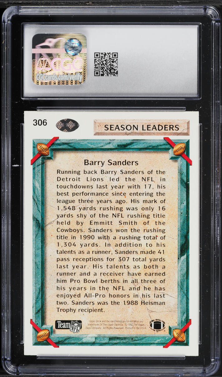 1992 Upper Deck Football Barry Sanders #306 CGC 9 MINT