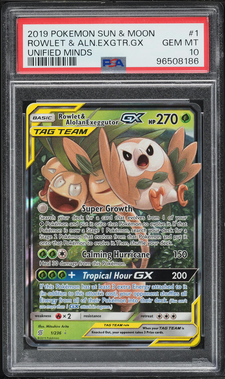 2019 Pokemon Sun & Moon Unified Minds Rowlet & Alolan Exeggutor GX #1 PSA 10 GEM MINT