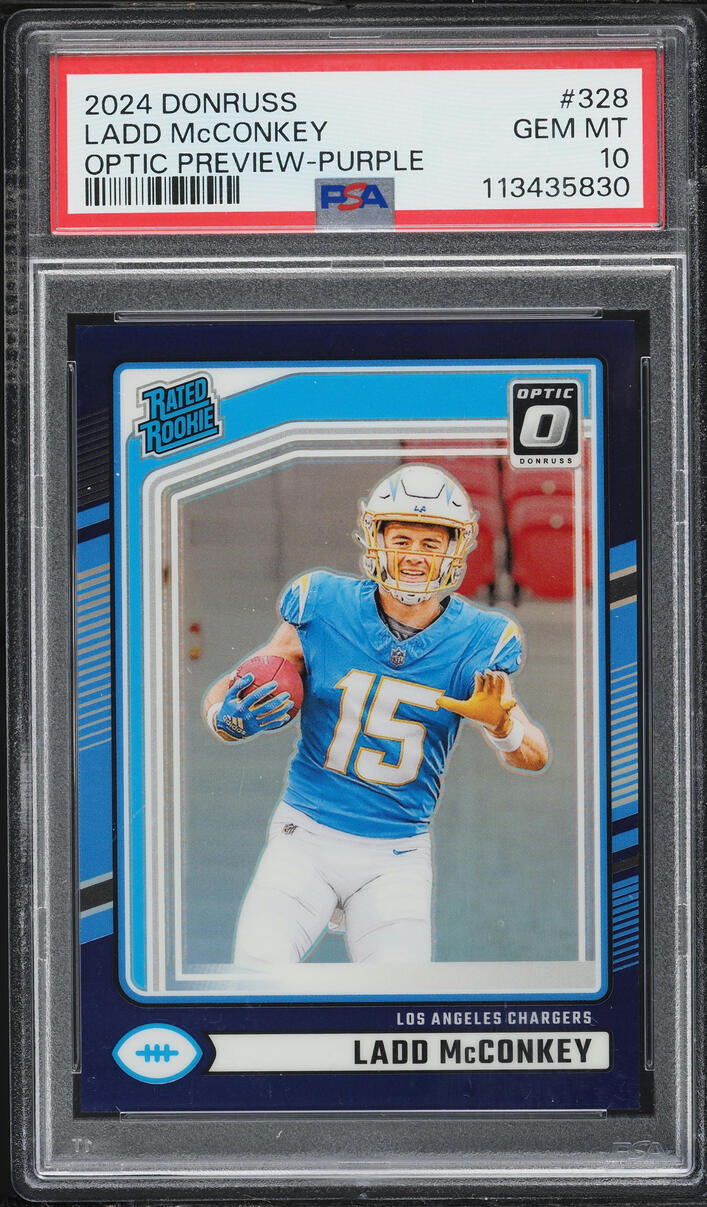 2024 Donruss Optic Preview-Purple Ladd McConkey ROOKIE /50 #328 PSA 10 GEM MINT
