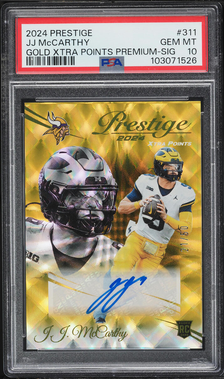 2024 Panini Prestige Gold Xtra Points Premium JJ McCarthy ROOKIE AUTO /50 #311 PSA 10 GEM MINT