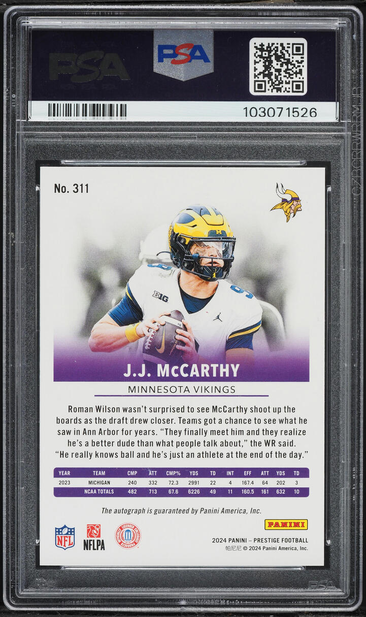 2024 Panini Prestige Gold Xtra Points Premium JJ McCarthy ROOKIE AUTO /50 #311 PSA 10 GEM MINT