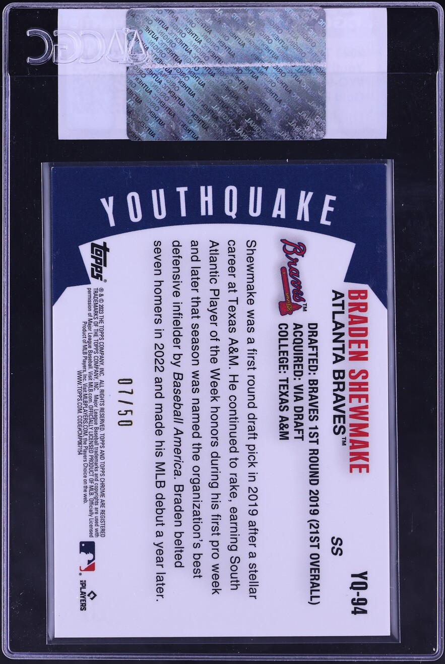 2023 Topps Chrome Update Youthquake Gold Refractor Braden Shewmake ROOKIE /50 #YQ-94 CGC AUTH