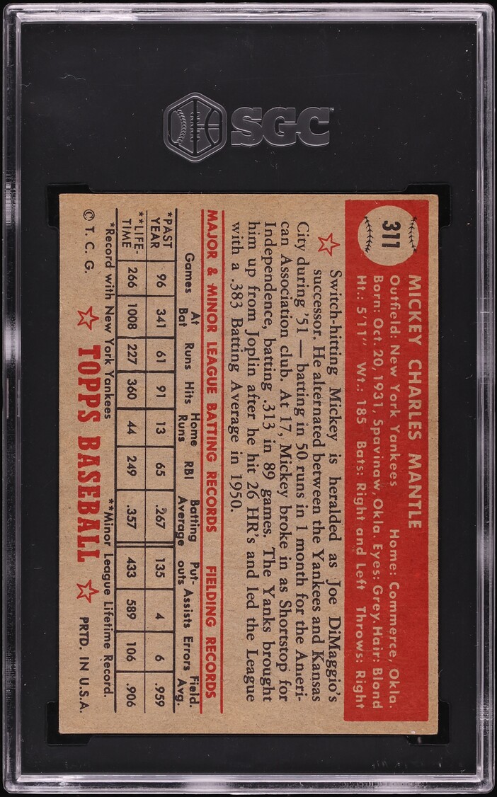 1952 Topps Mickey Mantle ROOKIE #311 SGC AUTH