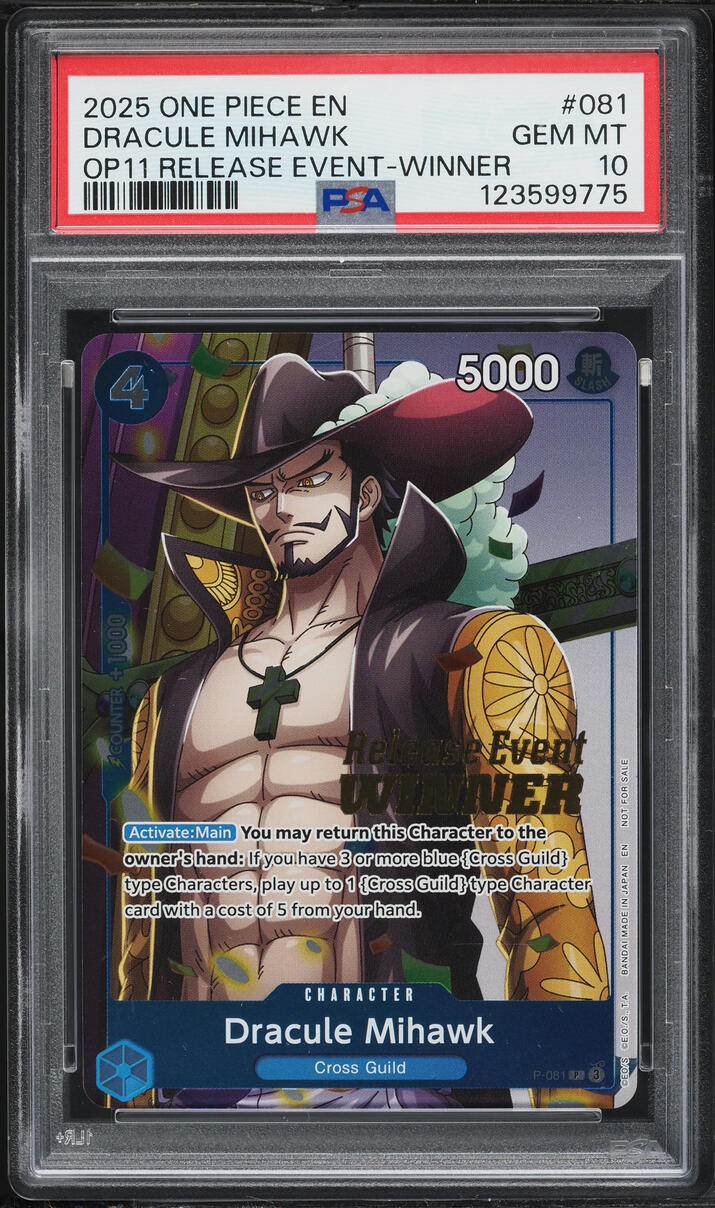 2025 One Piece Promos Release Event Winner Alt Art Dracule Mihawk #081 PSA 10 GEM MINT
