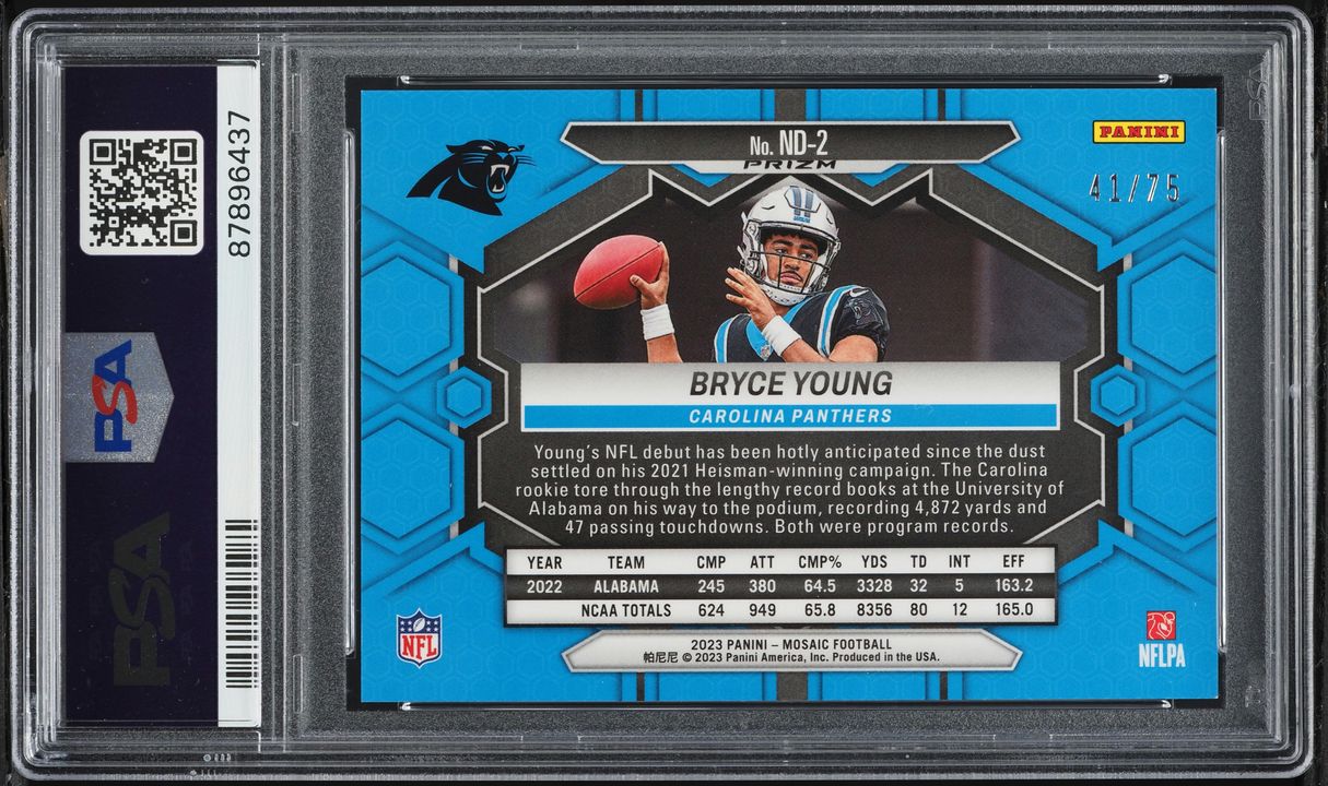 2023 Panini Mosaic NFL Debut Blue No Huddle Bryce Young ROOKIE /75 #ND2 PSA 9 MINT