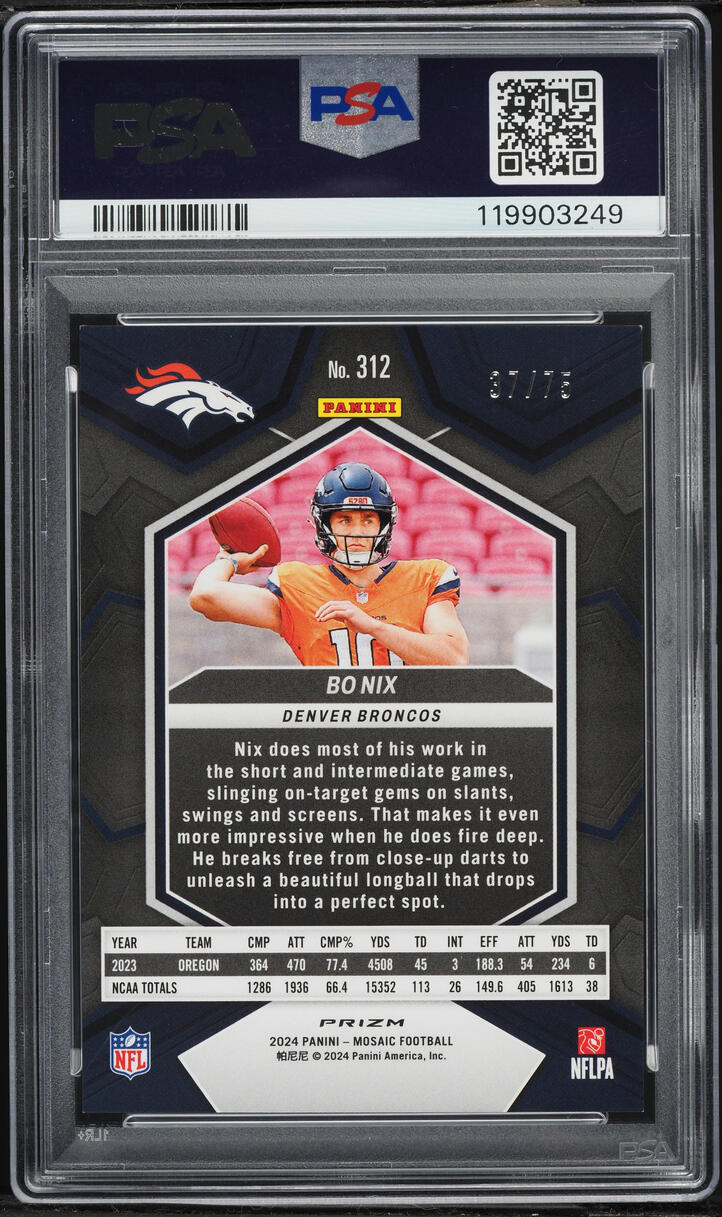 2024 Panini Mosaic Blue No Huddle Bo Nix ROOKIE /75 #312 PSA 9 MINT