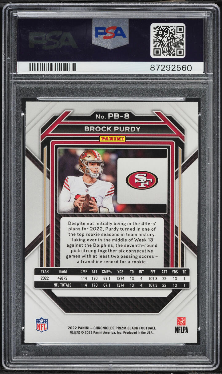 2022 Panini Chronicles Prizm Black Brock Purdy ROOKIE #PB-8 PSA 10 GEM MINT