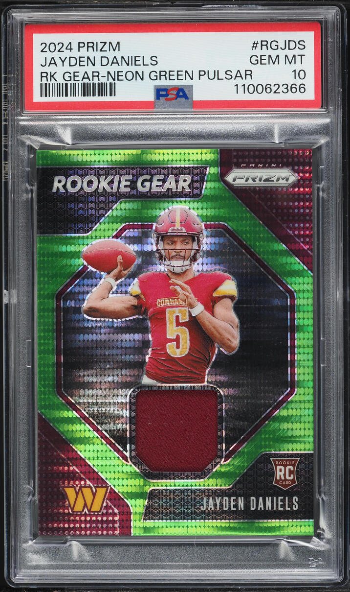 2024 Panini Prizm Gear Neon Green Pulsar Jayden Daniels ROOKIE PATCH #RG-JDS PSA 10 GEM MINT