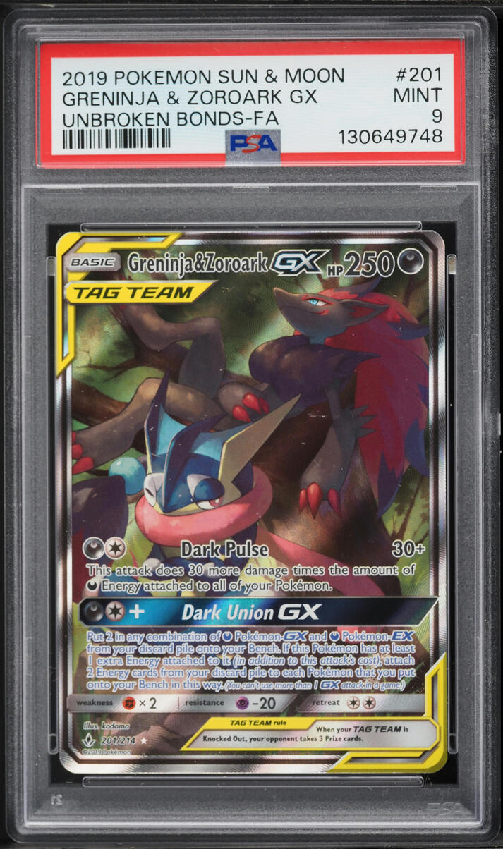 2019 Pokemon Sun & Moon Unbroken Bonds Full Art Greninja & Zoroark GX #201 PSA 9 MINT
