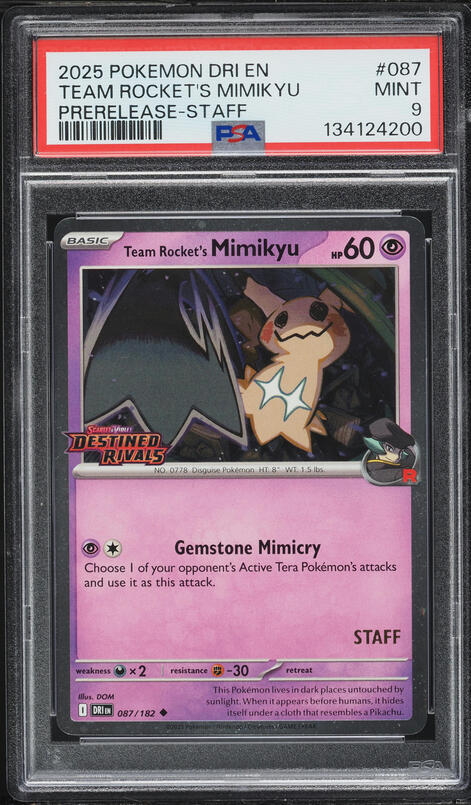 2025 Pokemon SV Destined Rivals Prerelease Staff Team Rocket's Mimikyu #87 PSA 9 MINT