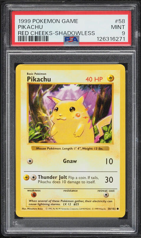1999 Pokemon Base Set Shadowless Red Cheeks Pikachu #58 PSA 9 MINT