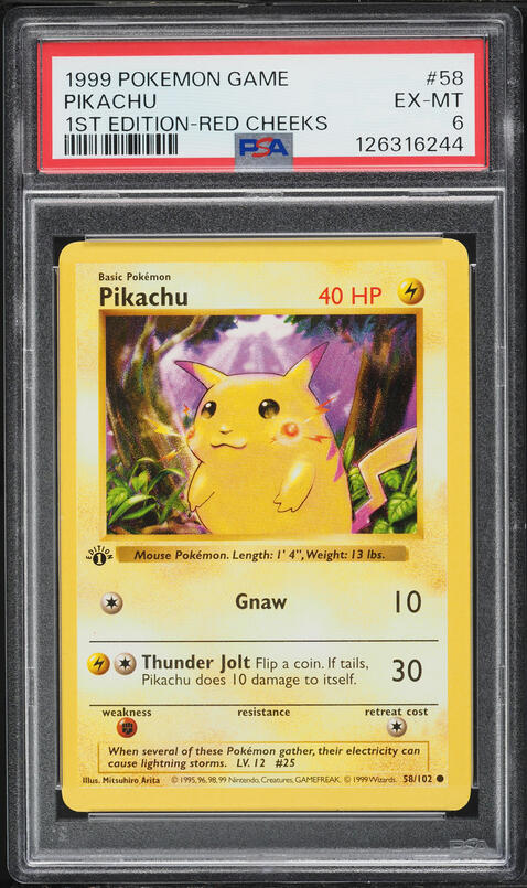 1999 Pokemon Base Set Shadowless 1st Edition Red Cheeks Pikachu #58 PSA 6 EXMT