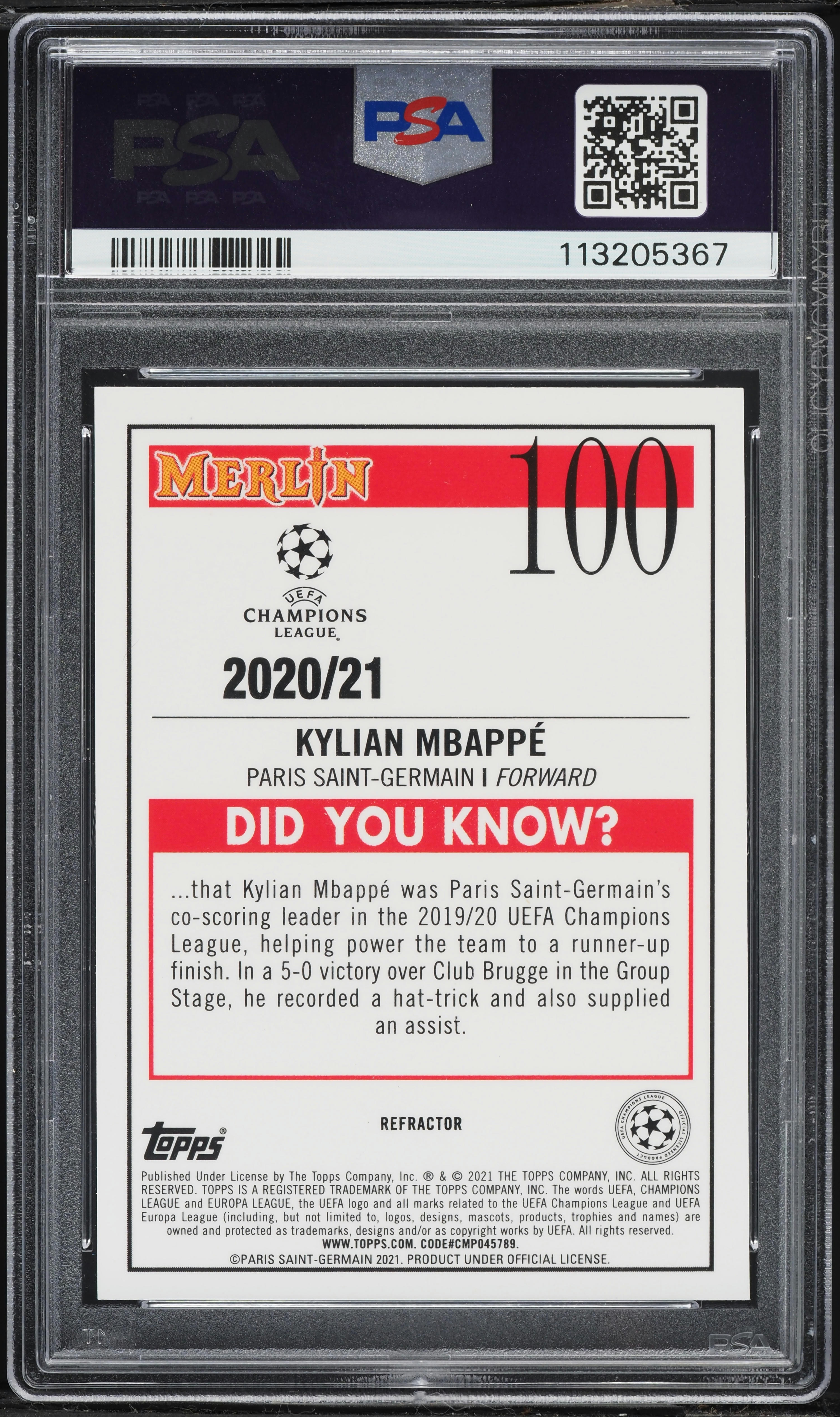 Carte Sportive Kylian Mbappé PSA 10 - Topps Chrome UEFA Refractor Bleu /150 - PSG - 2019-20
