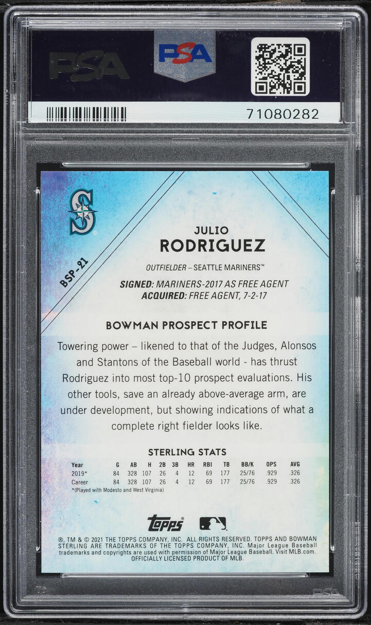 2021 Bowman Sterling Julio Rodriguez ROOKIE #BSP21 PSA 10 GEM MINT