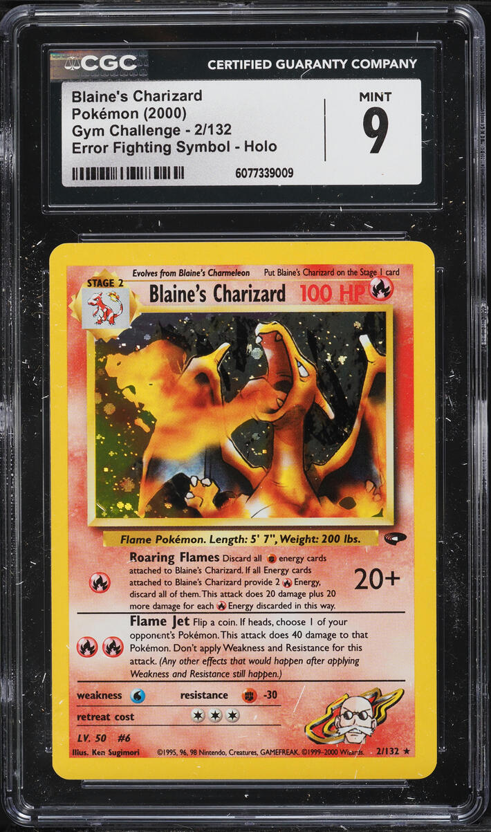 2000 Pokemon Gym Challenge Error Fighting Symbol Holo Blaine's Charizard #2 CGC 9 MINT