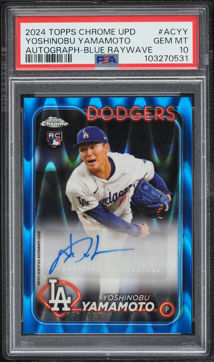 2024 Topps Chrome Update Blue Raywave Yoshinobu Yamamoto ROOKIE AUTO /150 #ACYY PSA 10 GEM MINT