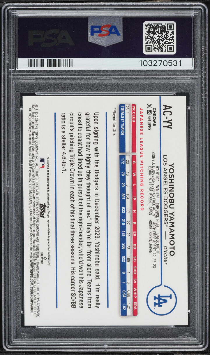 2024 Topps Chrome Update Blue Raywave Yoshinobu Yamamoto ROOKIE AUTO /150 #ACYY PSA 10 GEM MINT