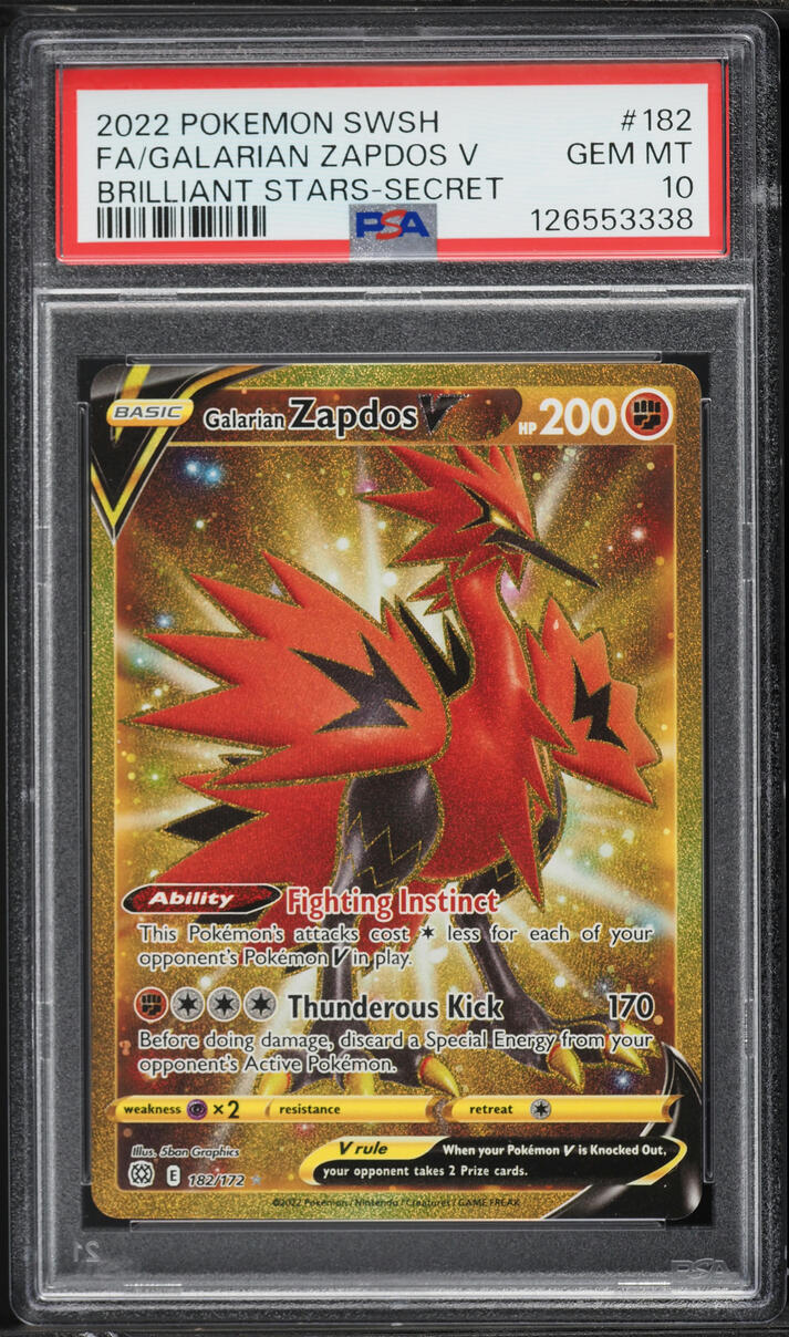 2022 Pokemon Sword & Shield Brilliant Stars Gold Rare Galarian Zapdos V #182 PSA 10 GEM MINT