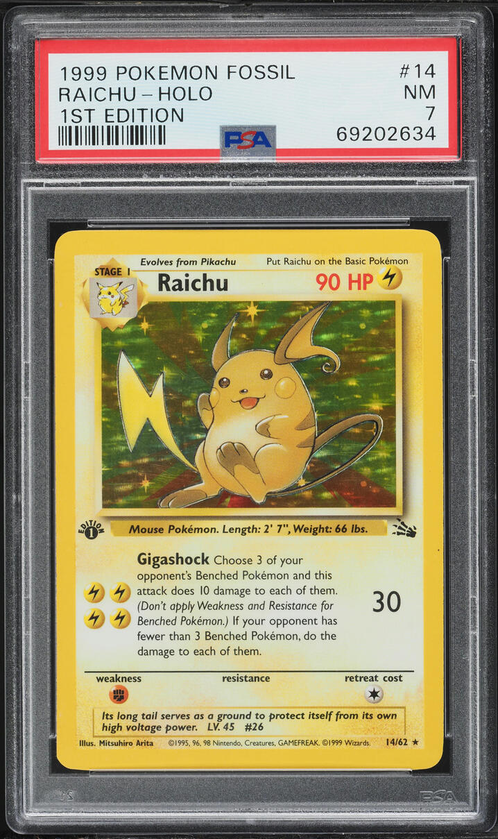 1999年 Pokemon Game Raichu-Holo 1st Ed. 1999 Pokemon Fossil 1st Edition Holo Raichu #14 PSA 7 NRMT on