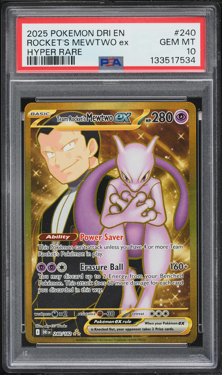 2025 Pokemon SV Destined Rivals Gold Rare Team Rocket's Mewtwo ex #240 PSA 10 GEM MINT