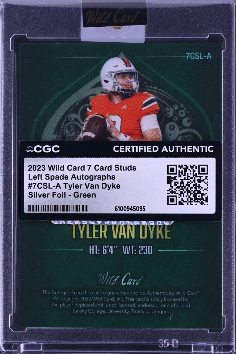 2023 Wild Card 7 Studs Left Spade Silver Foil Green Tyler Van Dyke ROOKIE AUTO /5 CGC AUTH