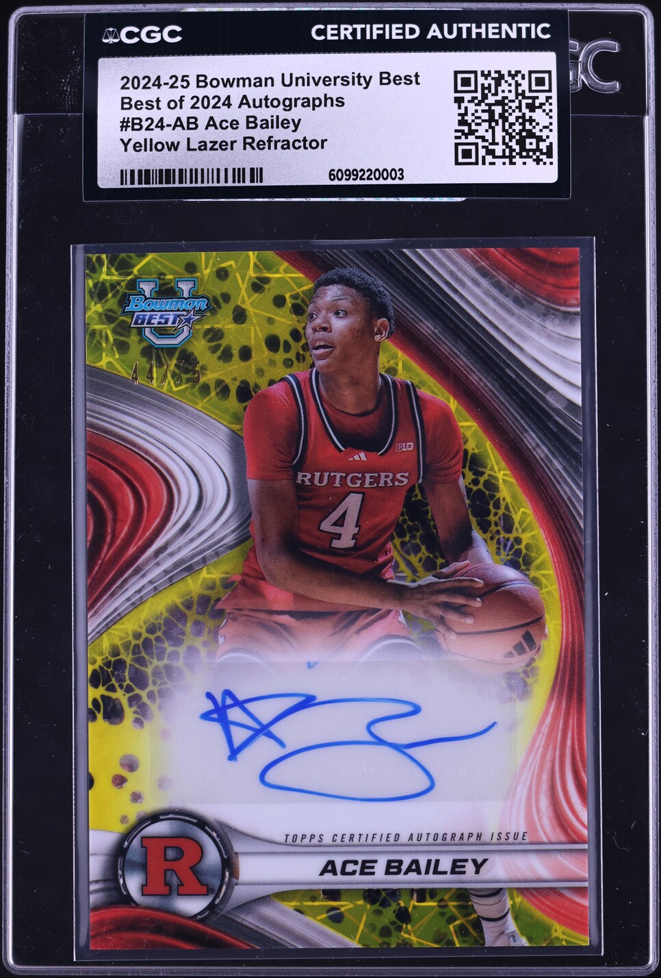 2024 Bowman University Best Of '24 Yellow Lazer Refractor Ace Bailey AUTO /75 #B24-AB CGC AUTH