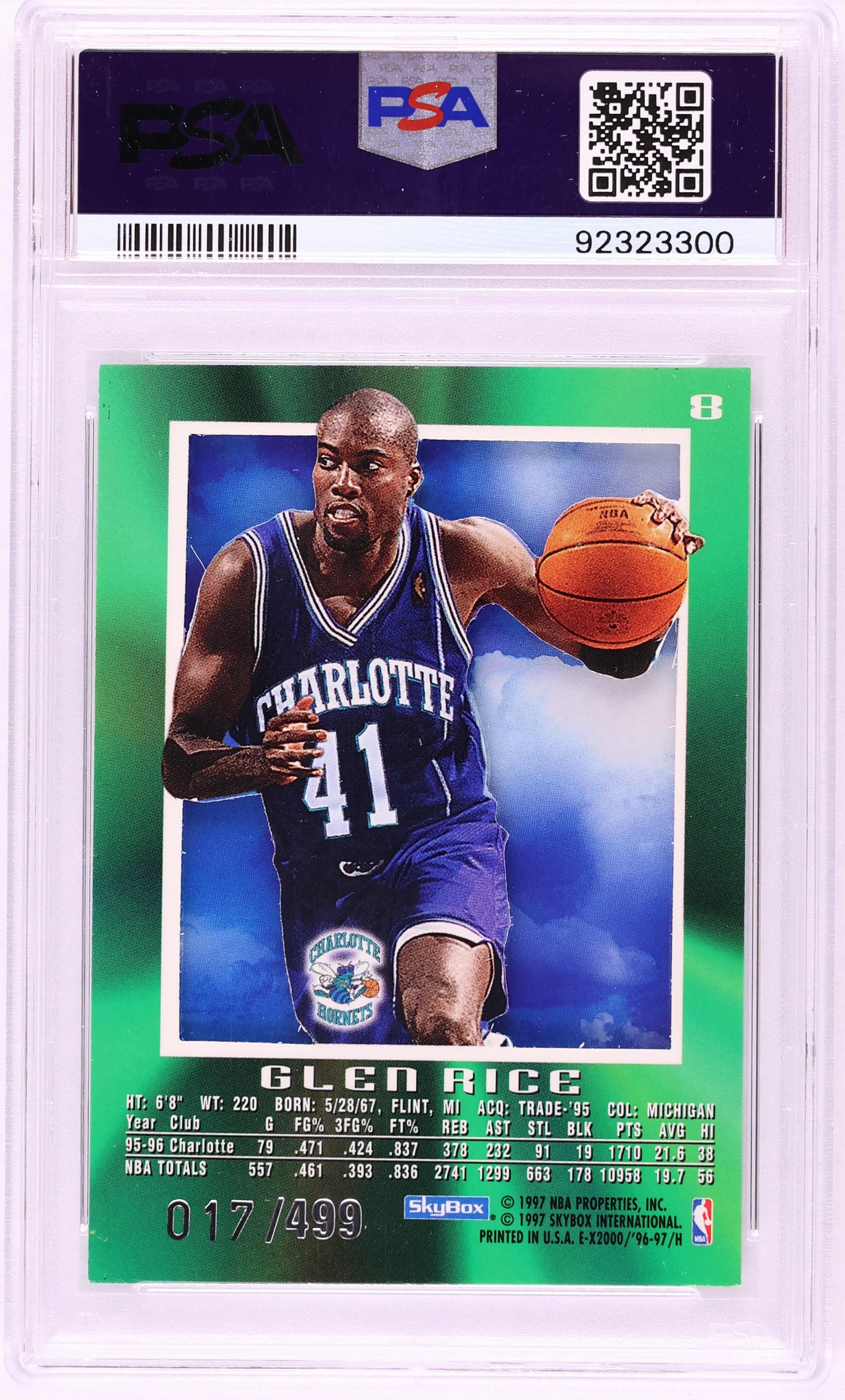 1996 Skybox E-X2000 Credentials Glen Rice /499 #8 PSA 8 NM-MT on