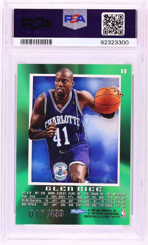 1996 Skybox E-X2000 Credentials Glen Rice /499 #8 PSA 8 NM-MT on