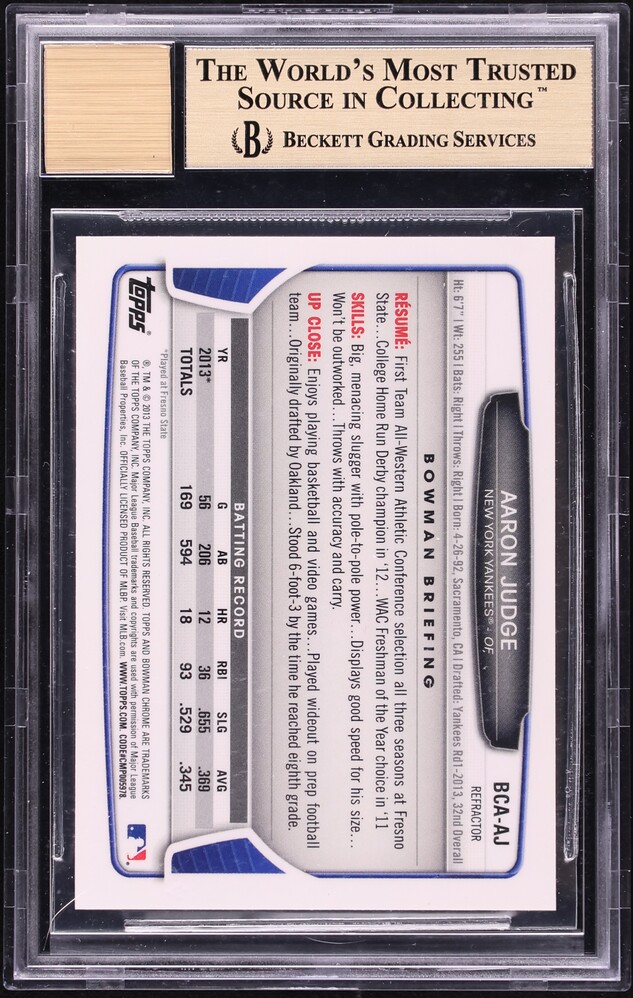2013 Bowman Chrome Draft Refractor Aaron Judge PROSPECT AUTO #BCA-AJ BGS 9.5 GEM MINT